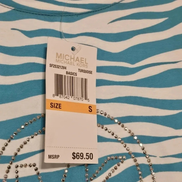 Michael Kors Top Shirt MK Jeweled Sparkle MK Logo Blue White Sz S NWT #0039 - Picture 3 of 8